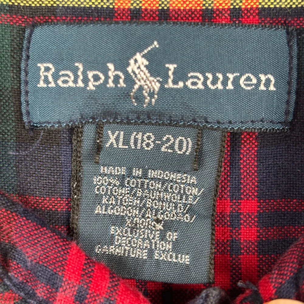 Ralph Lauren Boys XL 18-20 Red Green Plaid Cotton Button Down Shirt Pony Logo